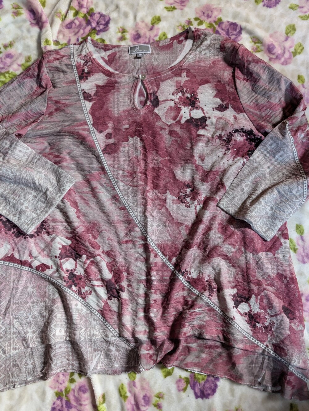 JM Collection Rose-Pink Floral Keyhole Tunic Top